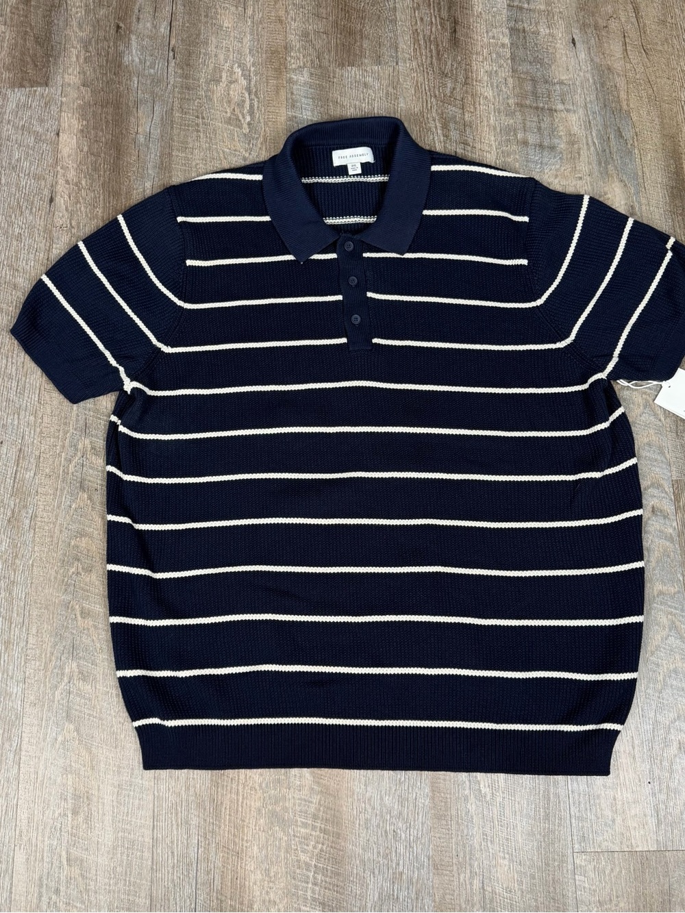 Free Assembly Mens 2XL Navy Striped Short Sleeve Knit Polo Sweater NWT Preppy